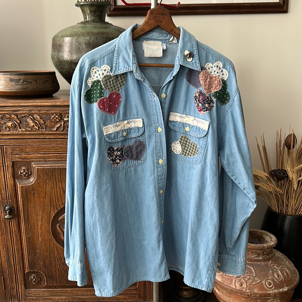 VINTAGE Satin Stitches Patchwork Heart Denim Button Down Shirt